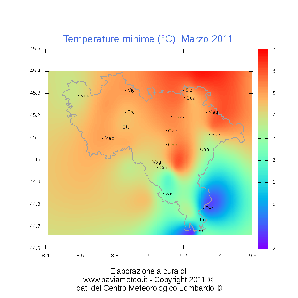Le temperature minime mensili in provincia di Pavia durante Marzo 2011
