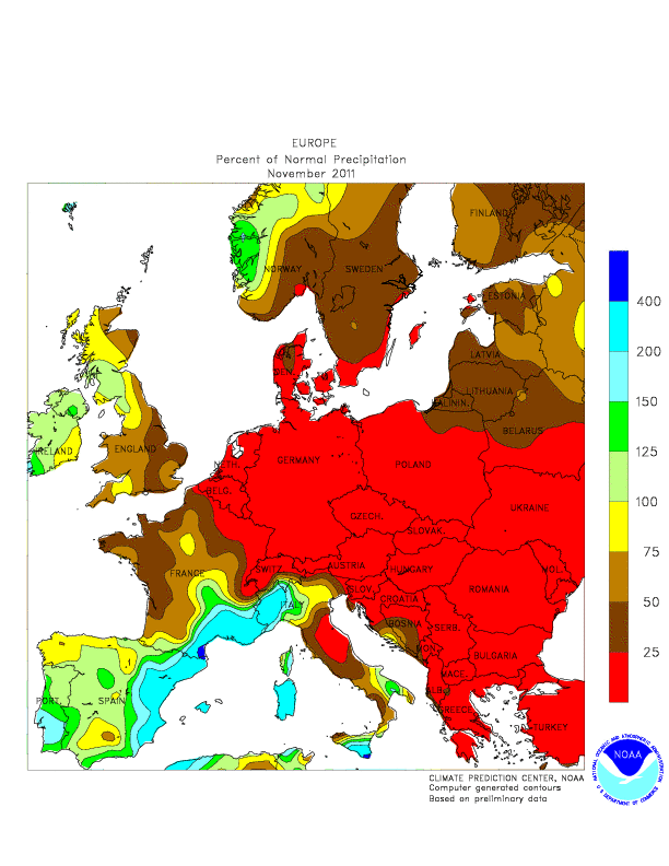 Le anomalie pluviometriche in Europa nel mese di Novembre 2011
