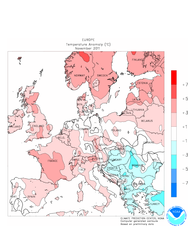 Le anomalie termiche in Europa nel mese di Novembre 2011