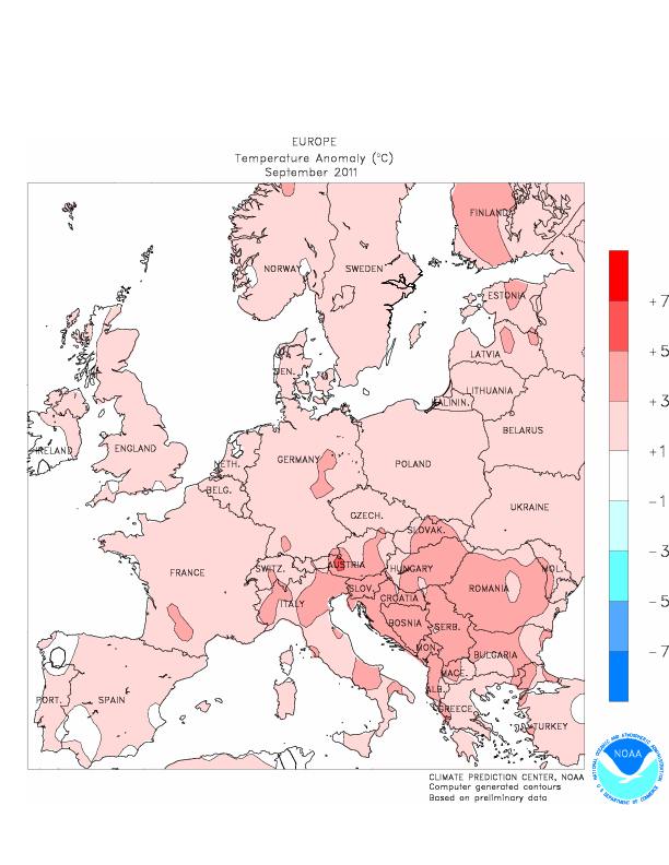 Le anomalie di temperatura in Europa durante Settembre 2011