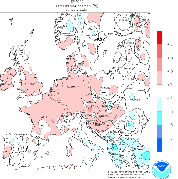 Le anomalie termiche di Gennaio 2012 in Europa (NOAA)