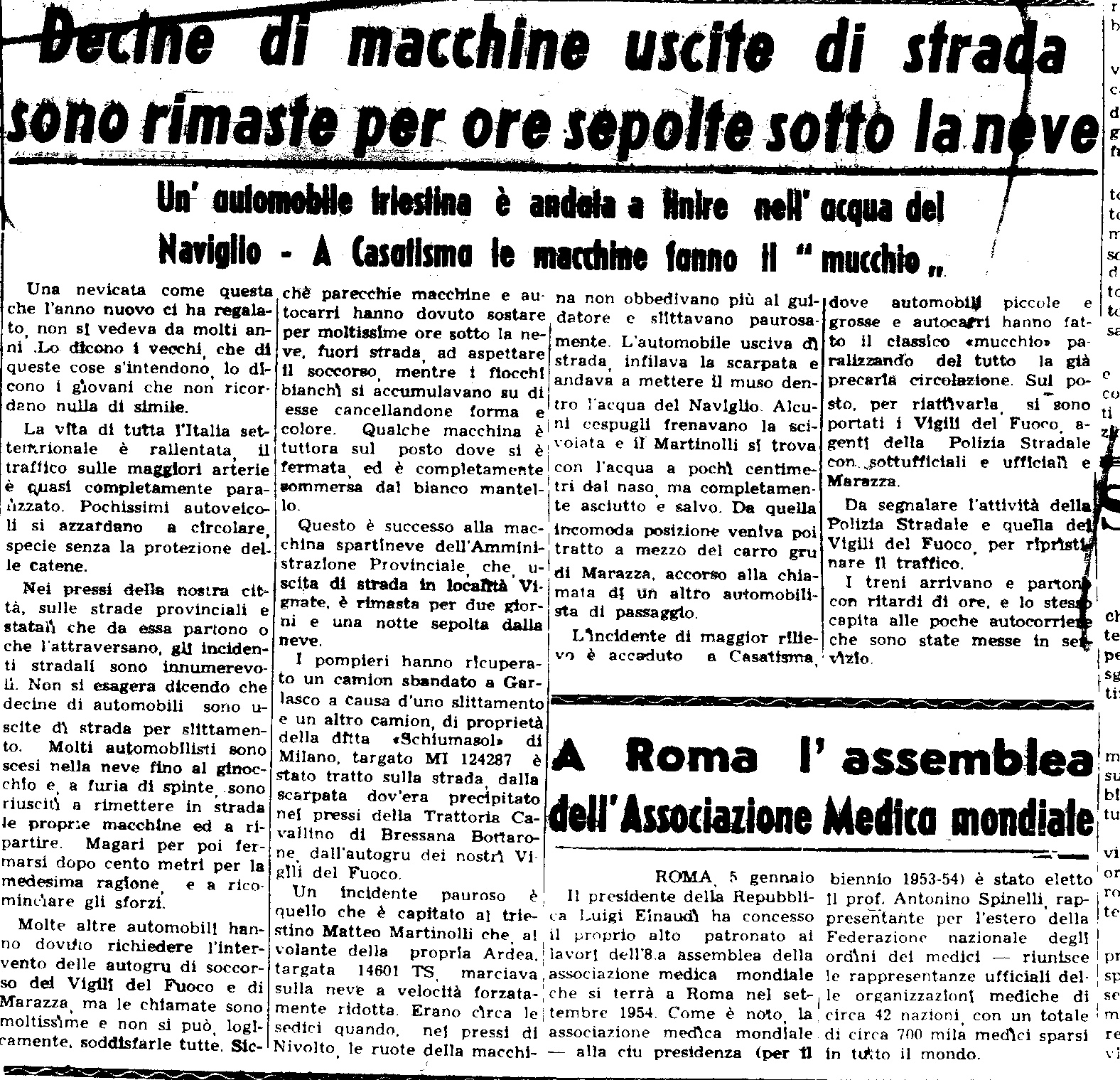 La nevicata del 6 Febbraio 1954 ripresa da un articolo de "La Provincia Pavese"